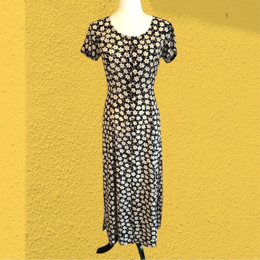 90s vintage Esprit maxi button down semi sheer daisy print dress
